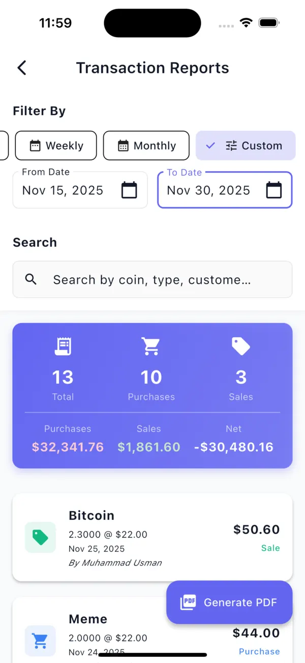 Crypto POS transaction reports with filters