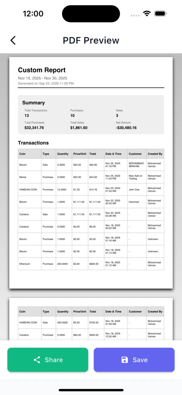Crypto POS PDF report preview