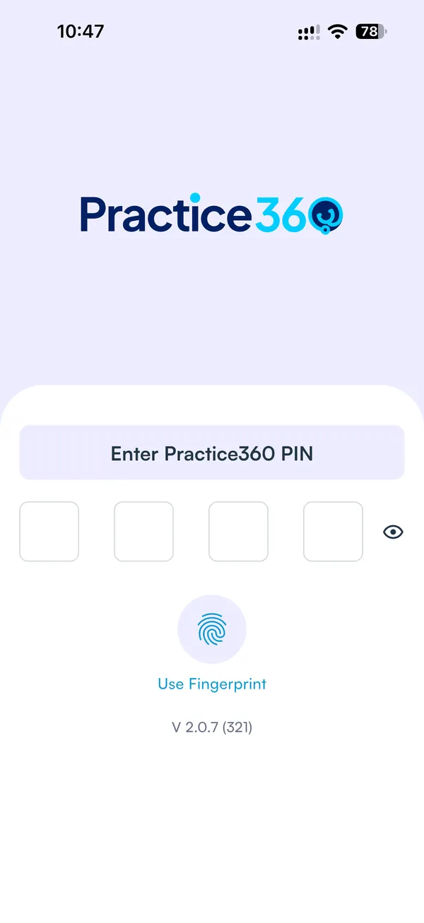 Practice360 PIN and fingerprint sign in